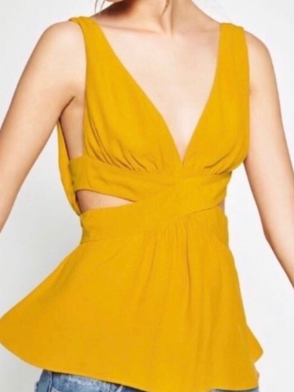 Zara mustard yellow cutout tie back blouse